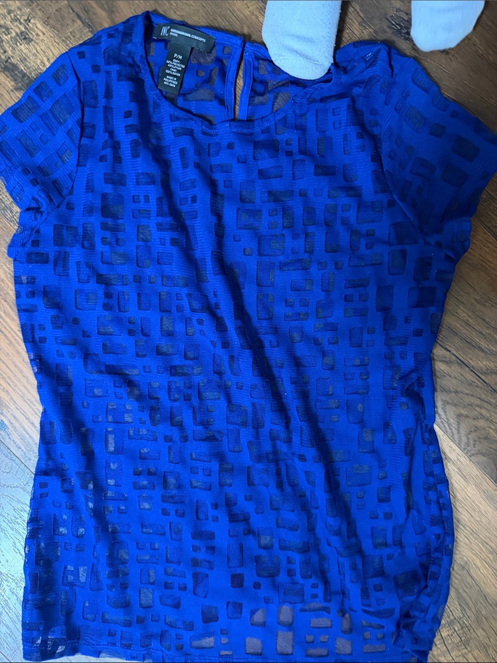 Worthington Royal Blue Short-Sleeve Geometric Mesh Top